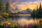 Tranquil mountain lake in spring with flowers at sunrise or sunset. (AI Generated) Art Print